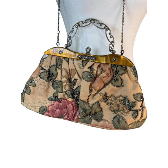 Vintage Floral Beaded Clutch Purse Womens Kiss Lock Metal Frame Evening Bag - Picture 6 of 6